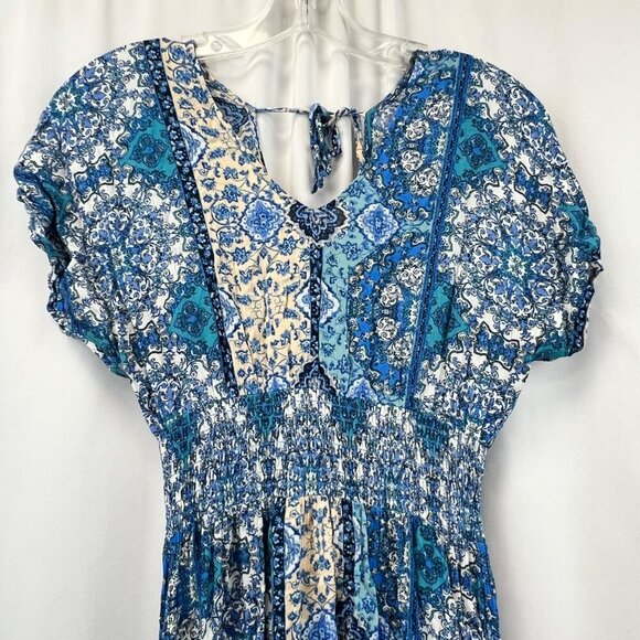 Gypsies & Moondust Paisley Maxi Dress V-Neck Short Sleeve Blue/Multi Size Small - Picture 3 of 9